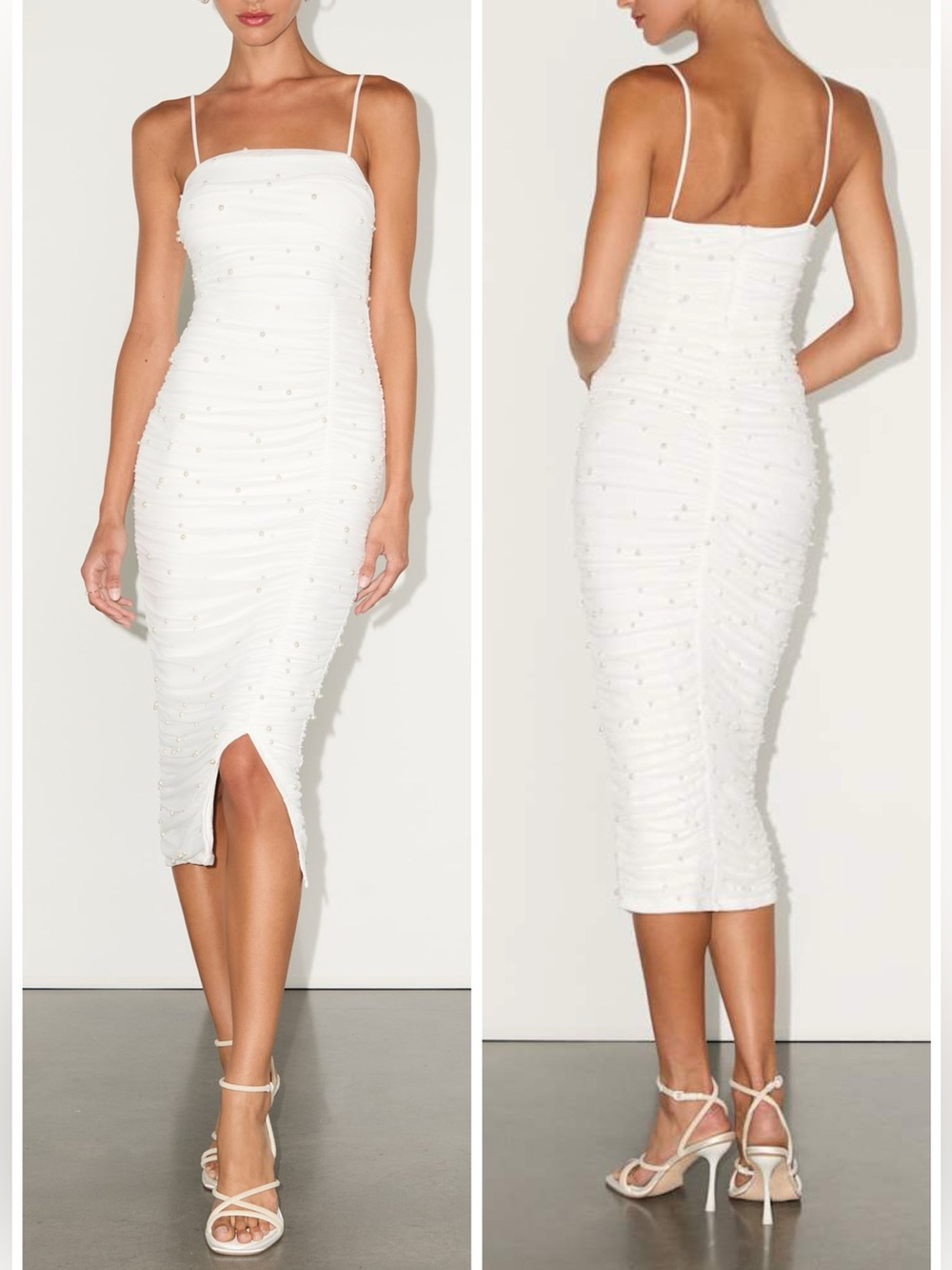NWT Lulus Toast To Romance White Ruched Pearl Bodycon Midi Dress Sz XS